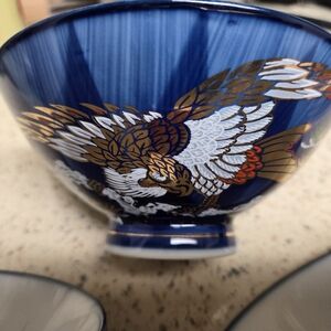 Chinese Porcelain Colbalt Blue Handpainted Rice Bowls Set Of 3